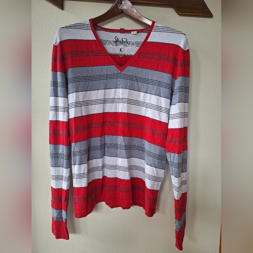 Diesel Mens Striped Cotton Silk Blend V Neck Lightweight Sweater Size L